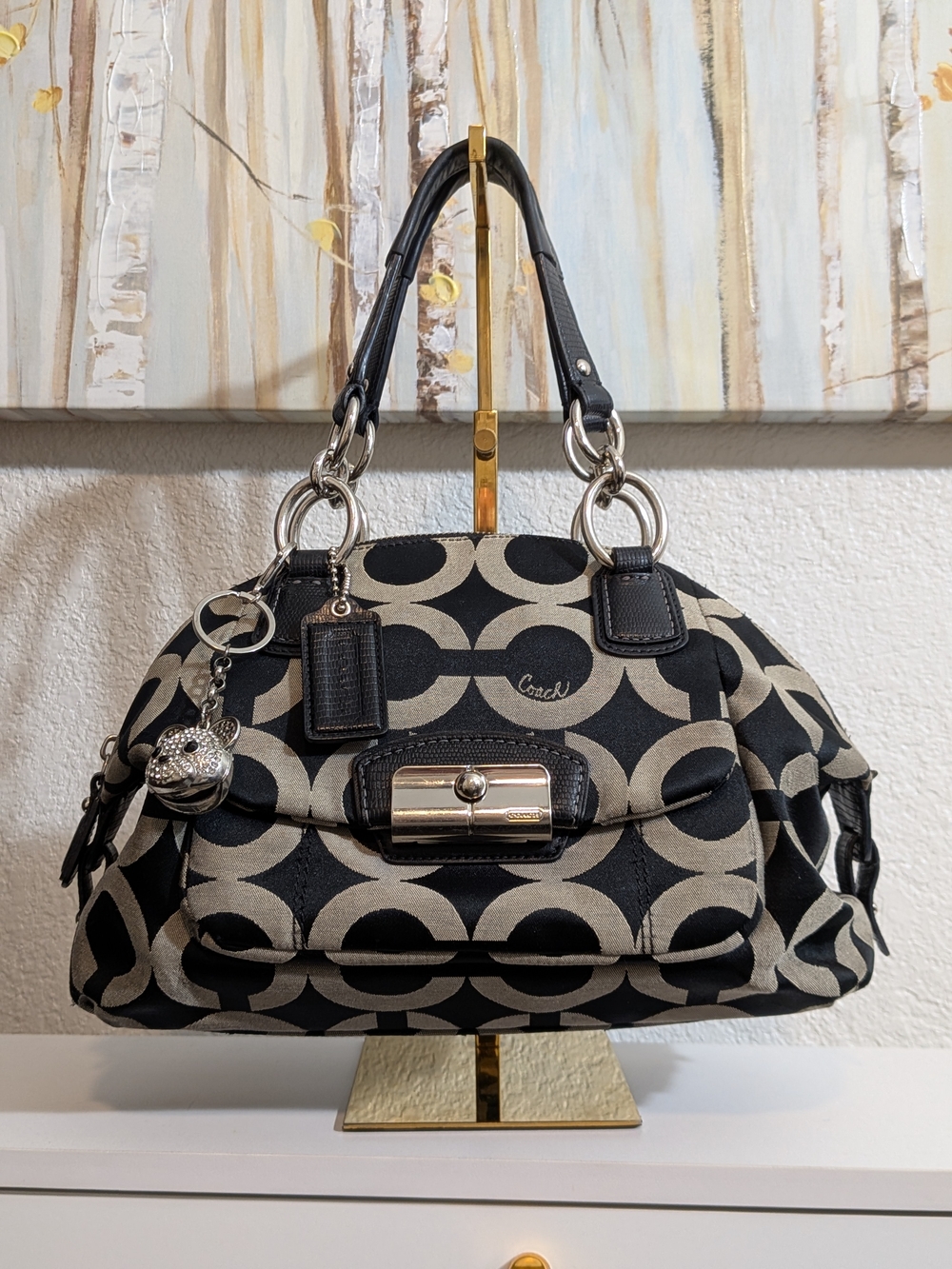 Coach 19329 Black and Beige C Logo Pattern Satchel Handbag with Silver Hardware